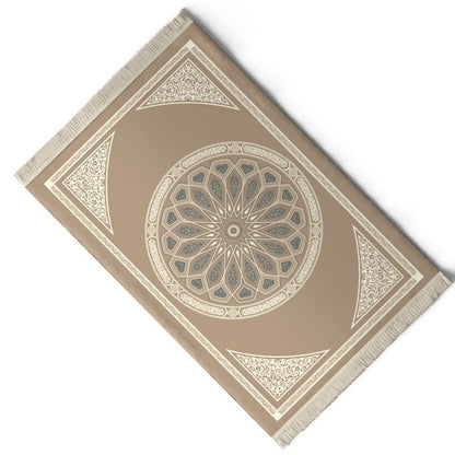 Velvet Prayer Mat in a neutral Beige, 68x117 cm, a luxurious and soft Islamic rug with a classic dome design, perfect for providing a comfortable prayer space in any room's decor