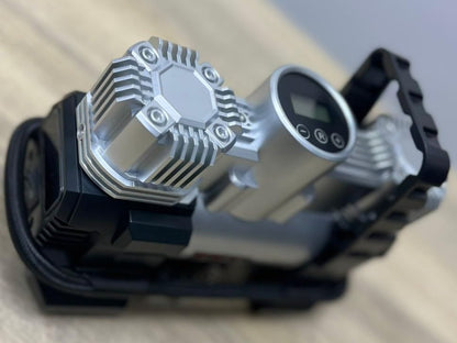 tyre inflator air compressor KAP12-150 d 2 pistons 45l/m 150 watt cars, bicycle, balls with led flash light with digital Pressure Gauge