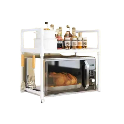 2-Tier Adjustable Microwave Oven Rack, Kitchen Countertop Organizer Shelf with Hooks, Space Saving Storage Rack for Spices, Utensils and Kitchen Supplies (White)