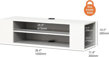 White Wooden Wall-Mounted TV Stand Shelf, Under-TV Storage Shelf and Media Console Rack for a Floating Entertainment Center in the Living Room, Space-Saving Furniture