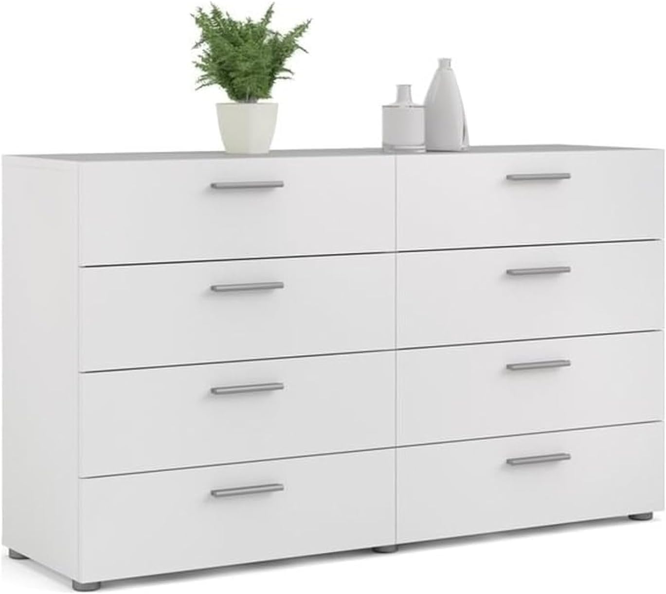 Modern Bedroom Double Drawer Unit, 8-Drawer Chest in White with Silver Handles, Manufactured Wood Dresser, Wide Storage Organizer for Bedroom or Living Room