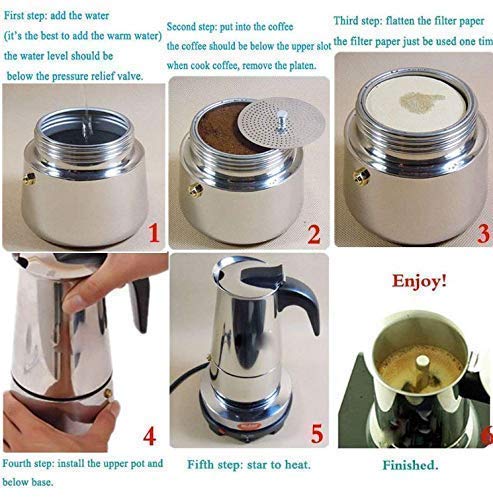 Stainless Steel Espresso Maker Stovetop Coffee Percolator Italian Coffee Maker Moka Pot (4 Cup - 200 ml, Silver)
