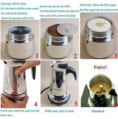 Stainless Steel Espresso Maker Stovetop Coffee Percolator Italian Coffee Maker Moka Pot (4 Cup - 200 ml, Silver)