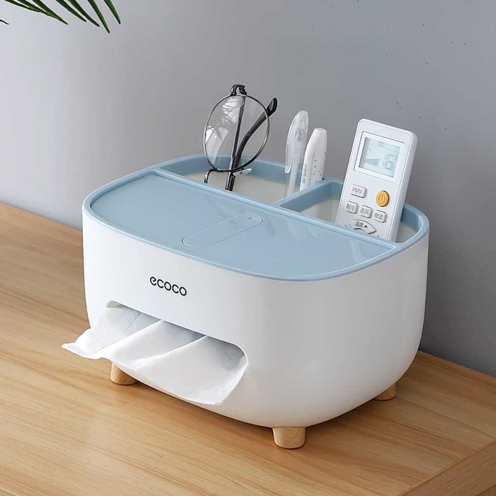 MOPMS Tissue Box Cover Holder with Storage, Napkin Tissue Box, Multi-Function Tissue Box ABS Material Storage Organizer Caddy for Bathroom, Bedroom and Office, Blue