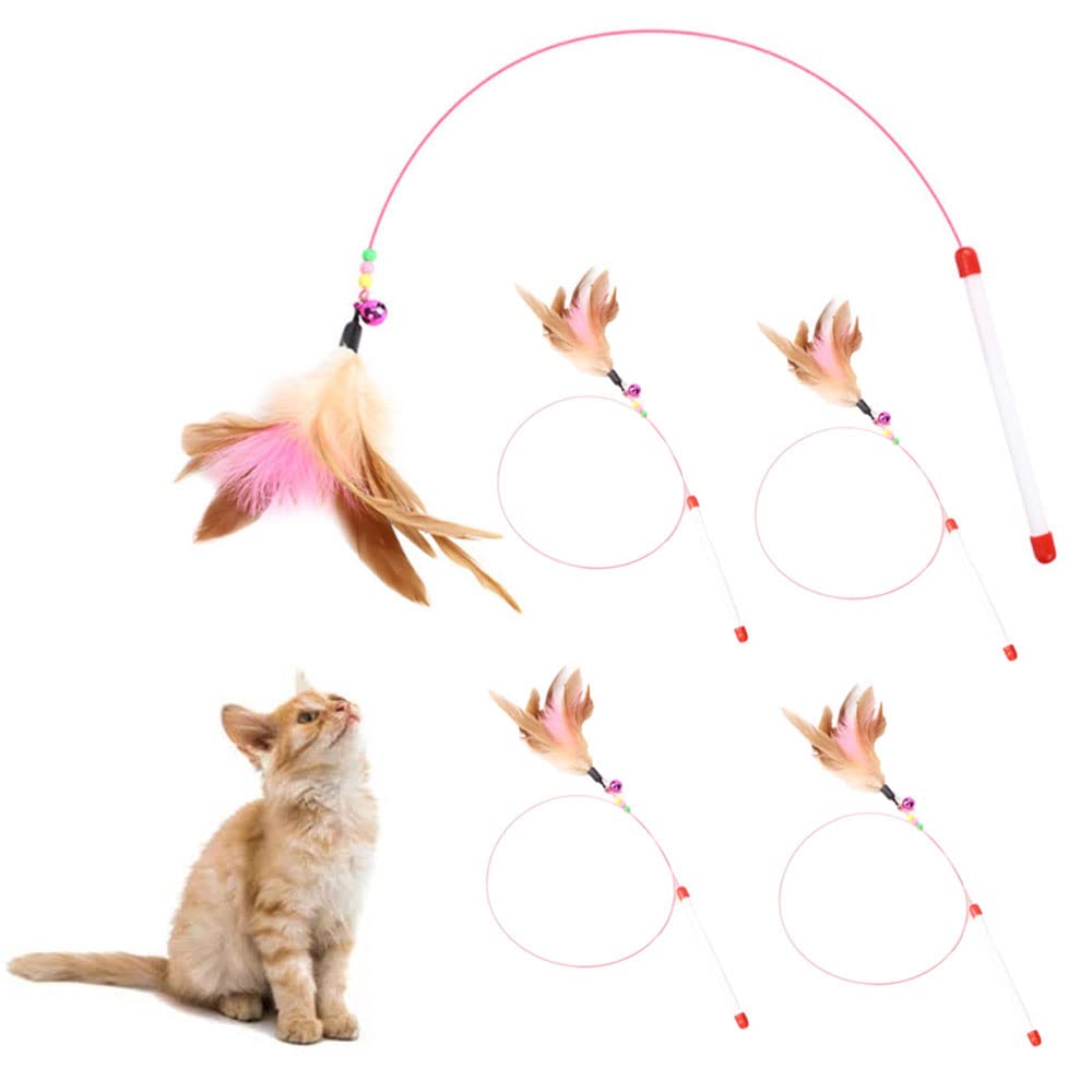 AWAVM 5-Piece Cat Teaser Wand Set - Interactive Feather Wand Toys with Bell for Cats (Small Breeds)