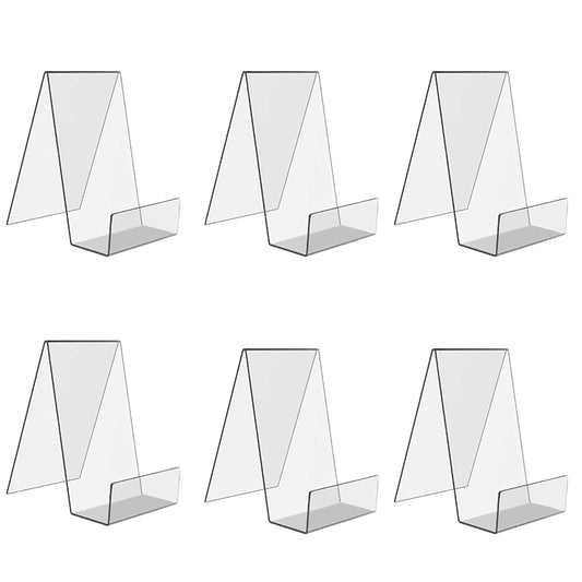 6 Pack Acrylic Book Stands with Ledge, Clear Display Easels for Photos and Tablets, Small Holder for Cookbooks, Art, and Music Sheets, Modern Tabletop Display