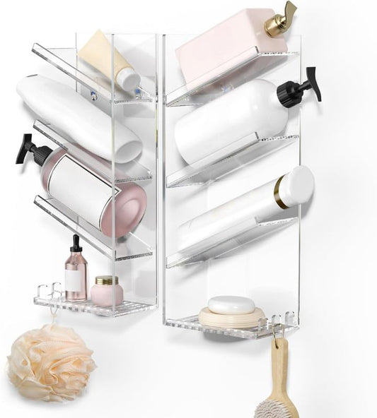 Acrylic Bathroom Organizer, Clear Wall-Mounted Shower Caddy with Suction Cup, No-Drill Rustproof Shampoo and Soap Holder Shelf, Durable Storage for Bathroom and Shower Walls
