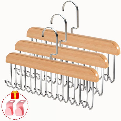 Plowatxi 3 Pack Wooden Multi-Hook Hanger for Closet Organizer, Anti-Slip, 360° Rotating, U Shape, Sturdy, Space Saving, Perfect for Belts, Vests, Ties, Bras, Underwear, Hats, Scarves
