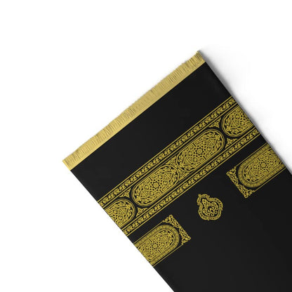 Velvet Prayer Mat in Gold and Black, 68x117 cm, a soft Islamic rug with a unique Mecca-inspired design, providing a comfortable and special surface for your daily prayers