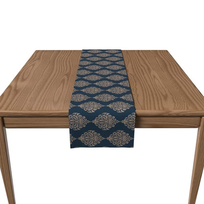 Canvas Blue Damask Runner in Blue & Beige, a Durable Decorative Centerpiece with a Timeless Pattern, 35x140 cm, perfect for a Classic or Traditional Dining Room Decor