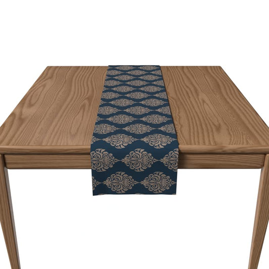Canvas Blue Damask Runner in Blue & Beige, a Durable Decorative Centerpiece with a Timeless Pattern, 35x140 cm, perfect for a Classic or Traditional Dining Room Decor
