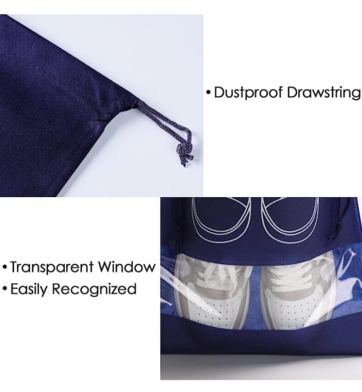 2 dark blue Travel Shoe Bag, Waterproof Dustproof, Transparent Slot and Drawstring for Gym and Travel Use 2 Blue Travel Shoe Bag, Waterproof Dustproof, Clear Window and Drawstring for Gym and Travel.