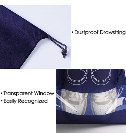 2 dark blue Travel Shoe Bag, Waterproof Dustproof, Transparent Slot and Drawstring for Gym and Travel Use 2 Blue Travel Shoe Bag, Waterproof Dustproof, Clear Window and Drawstring for Gym and Travel.