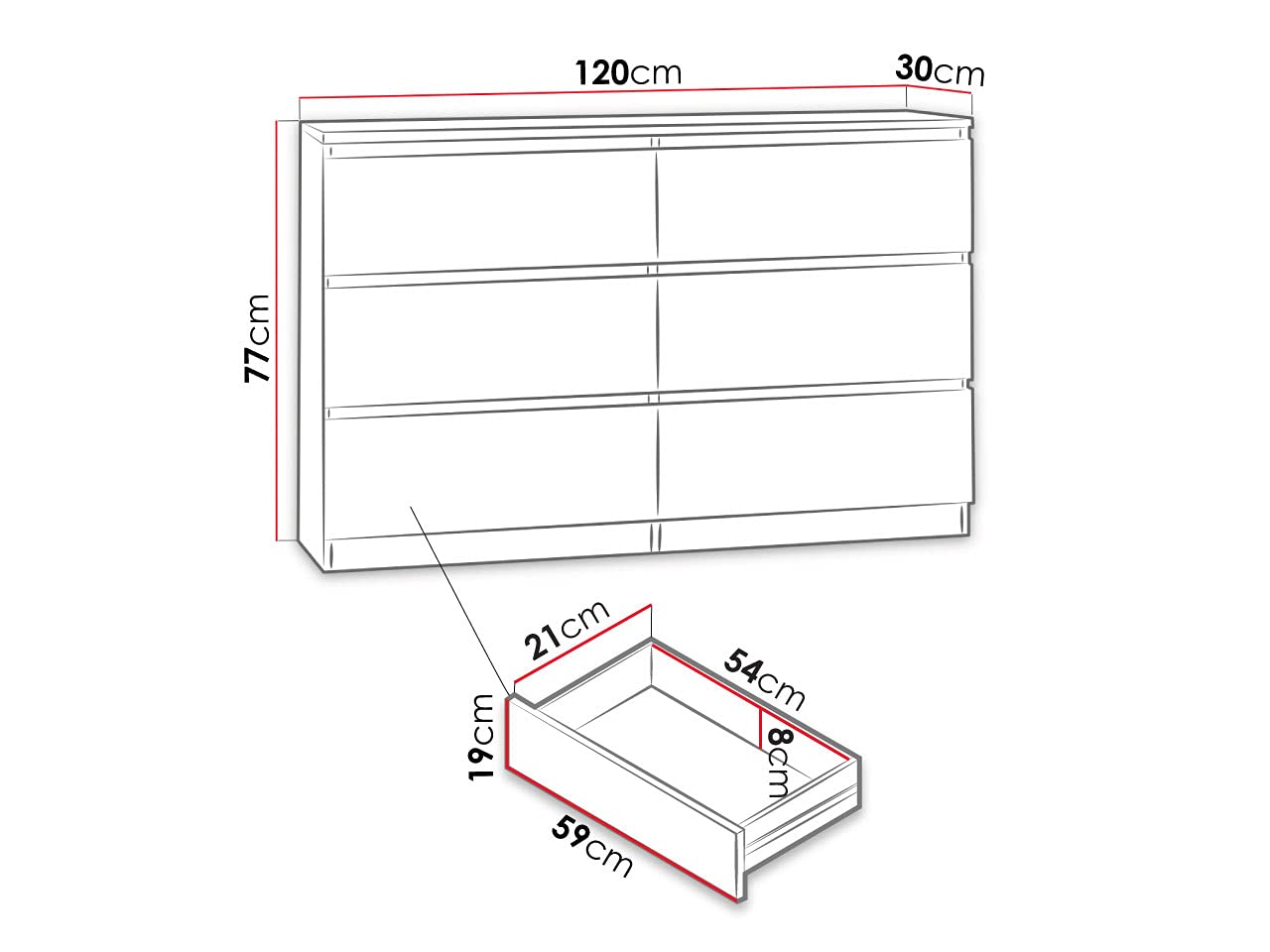 6-Drawer Chest in Black, 120cm Wide Sideboard for Living Room, Highboard Multipurpose Cabinet for Hallway or Dining Room, Modern Dresser with Sleek Design