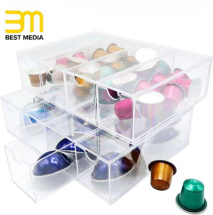 4-Compartment Acrylic Coffee Pod Holder and Desktop Organizer, Clear Storage Box for K-Cup Capsules and Coffee Bar Station Accessories, Multi-Use Desk and Kitchen Drawer Organizer