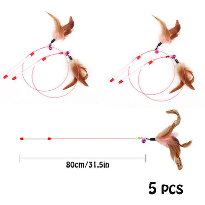 AWAVM 5-Piece Cat Teaser Wand Set - Interactive Feather Wand Toys with Bell for Cats (Small Breeds)