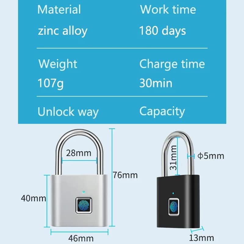 Rawrr Lock with Fingerprint, Padlock for Gym, Weatherproof, Multi-Use, Keyless Lock, Waterproof Padlock for Gym, Luggage, Warehouses, Locker, Silver