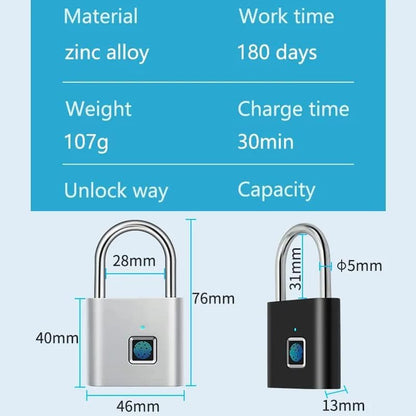 Rawrr Lock with Fingerprint, Padlock for Gym, Weatherproof, Multi-Use, Keyless Lock, Waterproof Padlock for Gym, Luggage, Warehouses, Locker, Silver