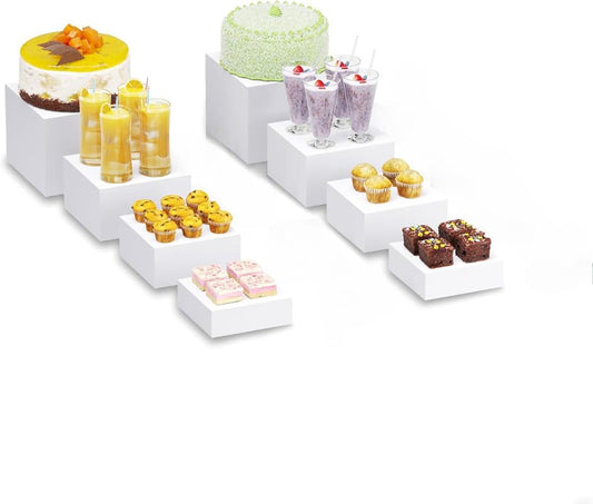 Buffet Risers Set, 2 Sets of Acrylic Cube Display Stands, Nesting Food and Dessert Risers for Buffet Table, Catering, Jewelry and Collectibles Display - White