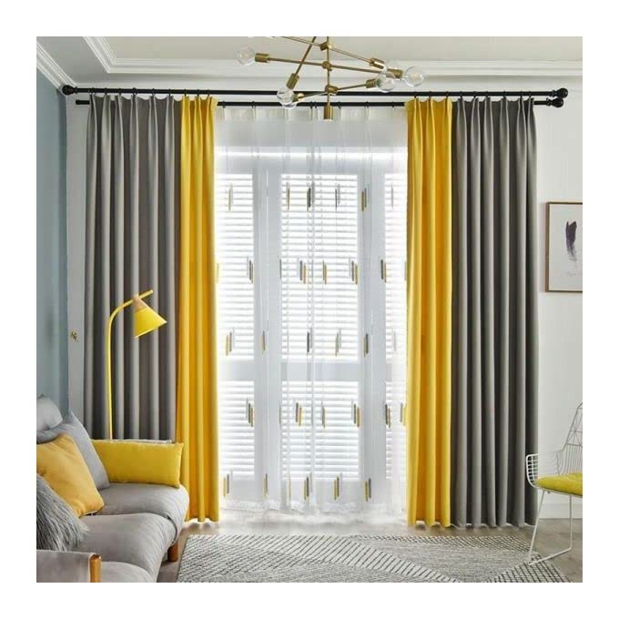 INtex CURTAINS HOUSE Velvet Sabia Modern Design Curtain – Two colors With Tie-backs - 2 Piece - Basic Tape Design 400W X 230L CM Gray*Yellow