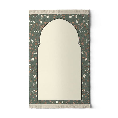 Velvet Prayer Mat in Beige and Olive, 68x117 cm, a luxurious rug with a beautiful mosque garden design, made from soft velvet for a comfortable and peaceful prayer experience