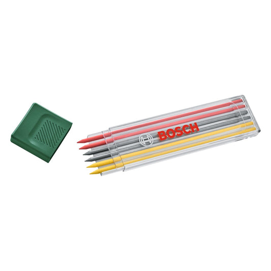 Bosch Graphite Multicolor Leads 6-Piece (Accessories for Deep Hole Marker Pencil; 2X Red, 2X Yellow; 2X Graphite HB; 2.8mm; Storage Case)