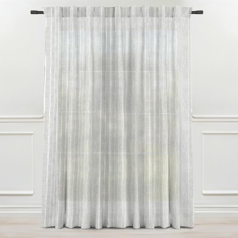 INtex CURTAINS HOUSE Linen Curtains for Living Room, Semi-Sheer Light-Filtering Drapes with White Stripes, Natural Fabric, 2 Hanging Options, 1 Piece - Off-White - 200W x 230L CM