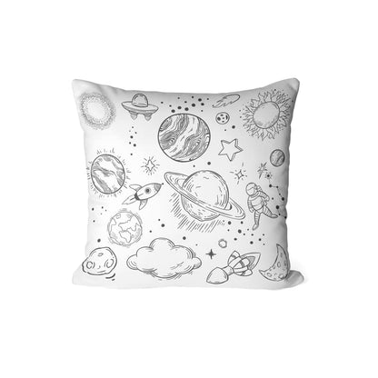 Canvas Space Junior Cushion Cover in Black & White, a durable decorative pillow for kids featuring a cool outer space theme, 40x40 cm, ideal for an aspiring astronaut's bedroom decor