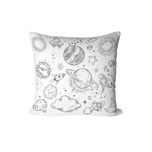 Canvas Space Junior Cushion Cover in Black & White, a durable decorative pillow for kids featuring a cool outer space theme, 40x40 cm, ideal for an aspiring astronaut's bedroom decor