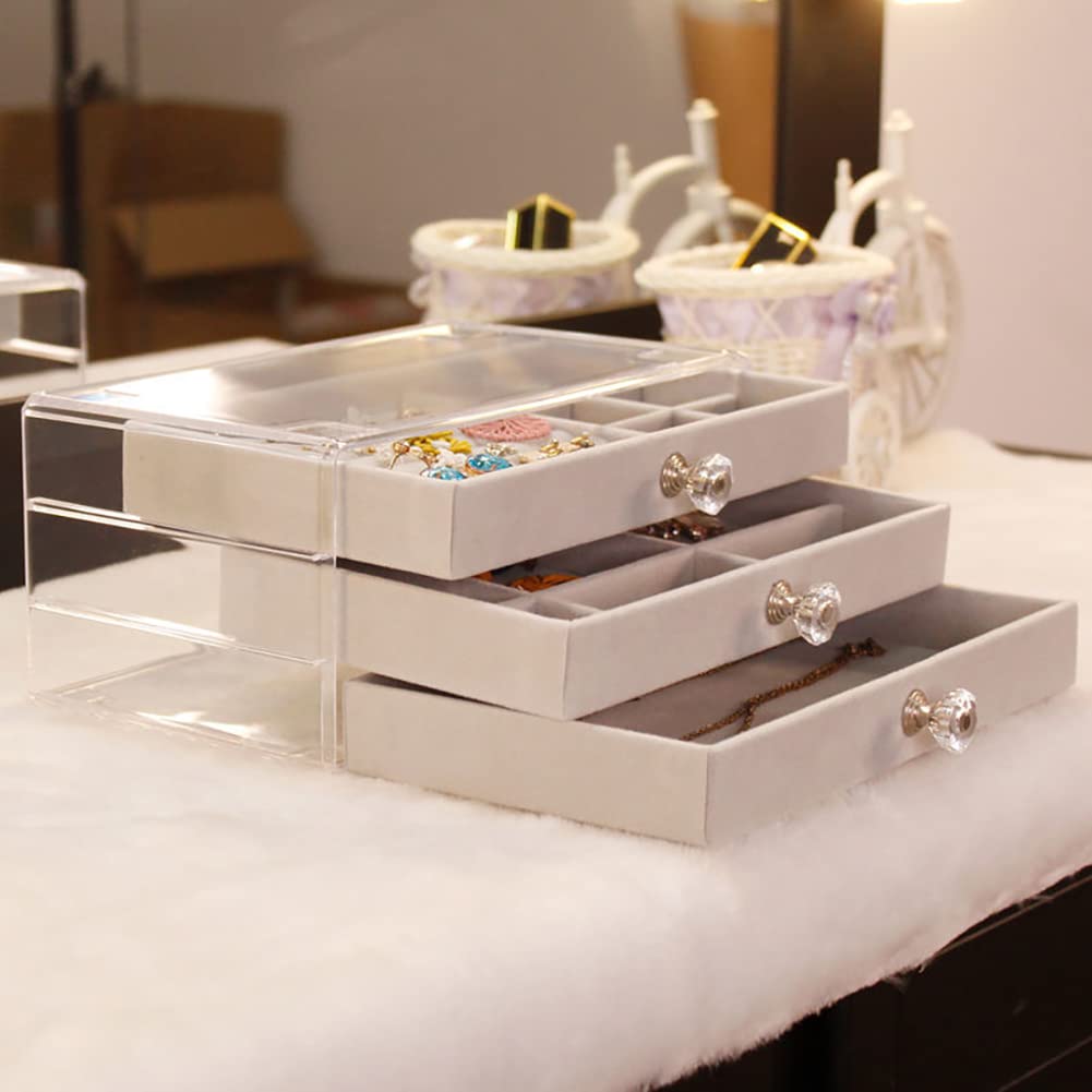 Zgwafdww Acrylic Jewelry Organizer, Earring Rings Necklaces Bracelets Display Case, Organizer Box Clear Jewelry Case, with 3 Drawers Adjustable Jewelry Box, Velvet Trays design