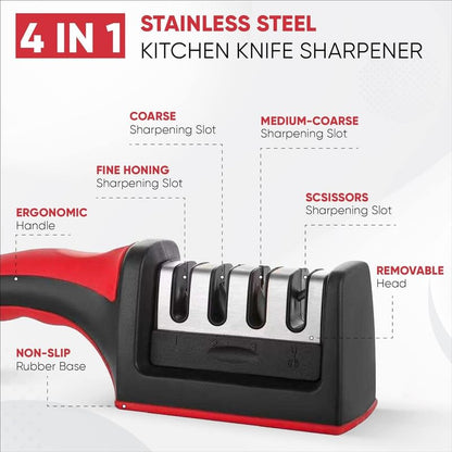 Stainless Steel 4-in-1 Kitchen Knife Sharpener, Multi-Stage Blade Sharpening System for All Knives, Non-Slip Grip, Red and Black, 11.9 x 6.7 x 27 cm