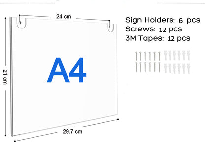Clear Acrylic Sign Holder (6 Pack), A4 Wall Mount Picture Frames with Screws for Office, Display Documents, Certificates, or Posters, Durable & Elegant Design
