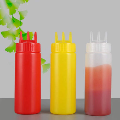 3 Pcs Condiment Squeeze Bottle, 3 Hole Plastic Squeeze Dispenser Bottles for Ketchup Hot Sauces Olive Oil 16 Oz
