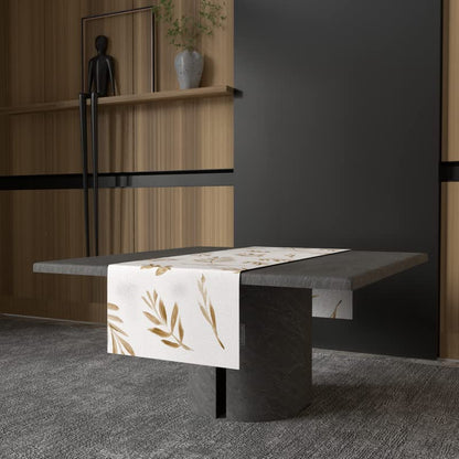 Eve Velvet Table Runner in Gold & Blue, a Plush Decorative Centerpiece with a Luxurious Metallic Gold Pattern, 35x140 cm, an Opulent and Stylish Accent for a Glamorous Dining Table
