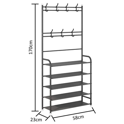 LEOPAX Bench Coat Rack with Shoe Storage, Multifunctional Cloth Stand with Shoe Shelf Organizer with 5-Tier and 8 Hooks for Bedroom, Hallway, Entryway - Size 58 x 23 x 170cm - Metallic Black