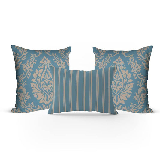 Velvet Blue Sophia Set Cushion Cover, a luxurious and soft decorative throw pillow case in a sophisticated design, 40x40 cm, Blue & Off-White, perfect for elevating your living room or bedroom