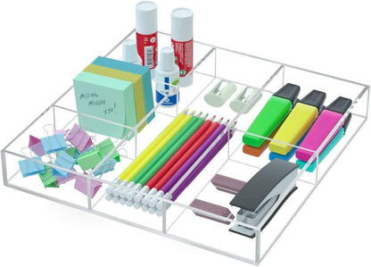 6-Section Clear Acrylic Drawer Organizer and Storage Tray, Versatile Plastic Desk and Makeup Drawer Insert for Kitchen, Bathroom, and Office Organization, Low-Profile Divided Tray