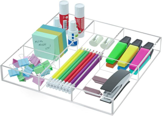 6-Section Clear Acrylic Drawer Organizer and Storage Tray, Versatile Plastic Desk and Makeup Drawer Insert for Kitchen, Bathroom, and Office Organization, Low-Profile Divided Tray