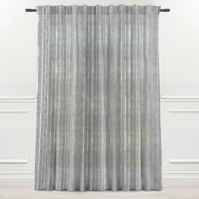 INtex CURTAINS HOUSE Linen Curtains for Living Room, Semi-Sheer Light-Filtering Drapes with White Stripes, Natural Fabric, 2 Hanging Options, 1 Piece - Off-White - 200W x 230L CM