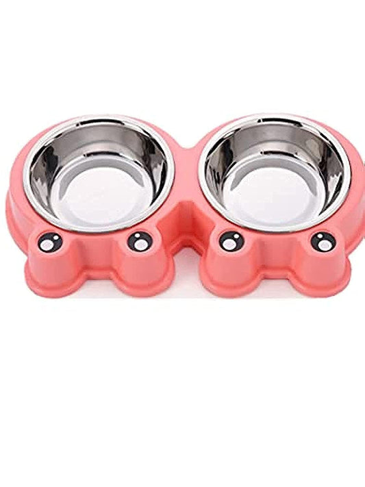 Double Stainless Steel Dog Food Bowl, Pink