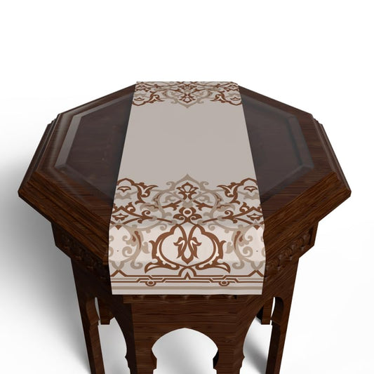 Ramadan's Unique Dorra Velvet Runner in White & Beige, 35x140 cm, a Beautiful Decorative Centerpiece with a Jewel-like Islamic Pattern, perfect for adding Elegance to Ramadan Decor