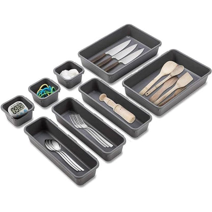 Plastic Divided Interlocking Cutlery Drawer Desk Organizer Kit With Multi Shapes Set Of 8 Pieces - Dark Grey