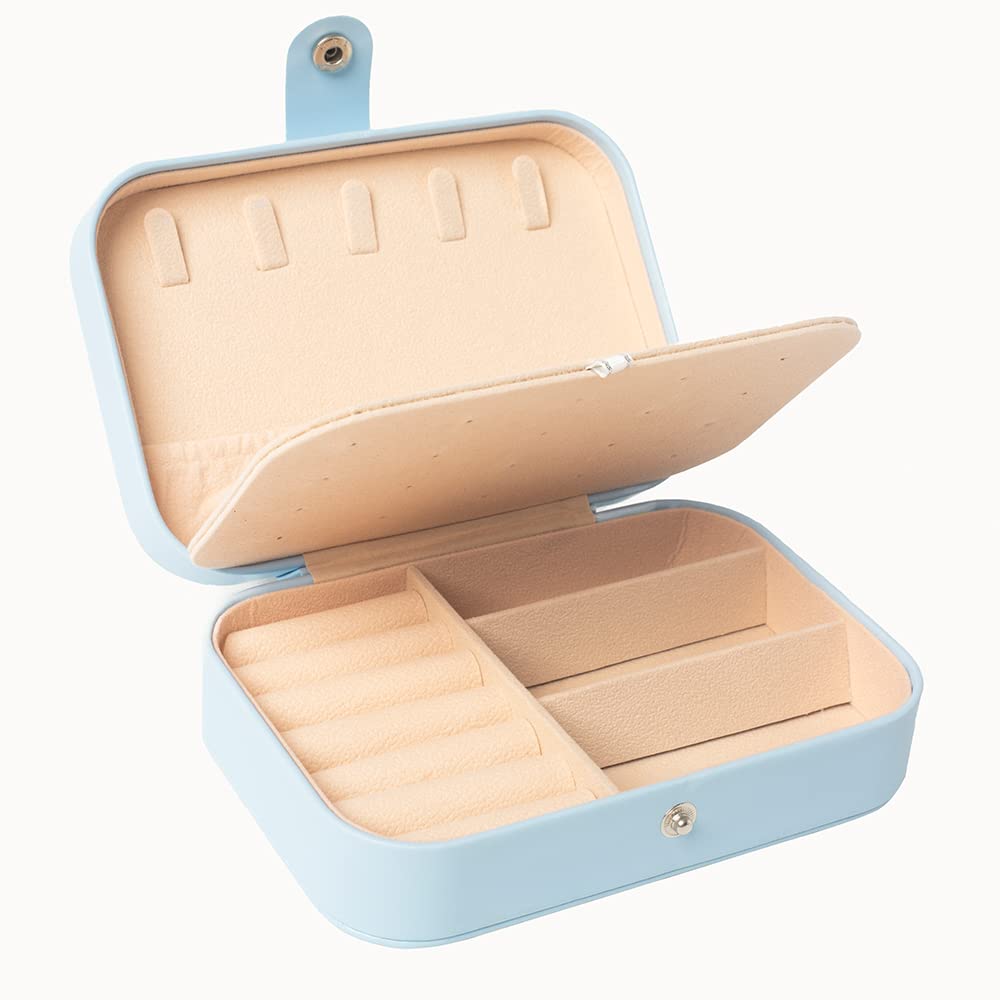 Small Travel Jewellery Box With Adjustable Compartments, Portable Organizer for Rings, Necklaces, Earrings, and Bracelets, Light Blue, 16 x 11 x 5 cm
