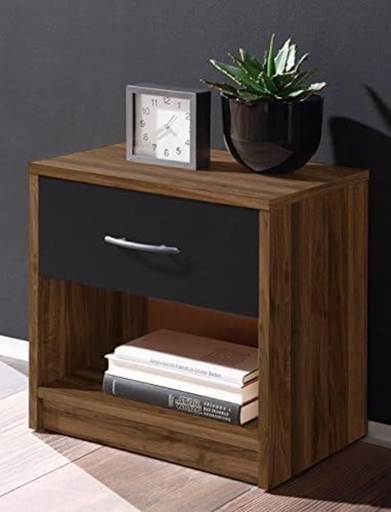 Bedside Table, a Compact Nightstand with an industriaLrustic Design, in Columbia Walnut and Black, measuring W28 X H39 X D41 cm