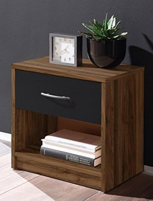 Bedside Table, a Compact Nightstand with an industriaLrustic Design, in Columbia Walnut and Black, measuring W28 X H39 X D41 cm