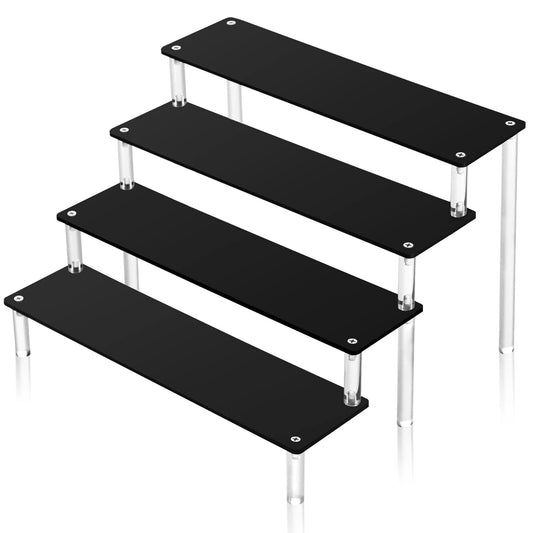4-Tier Acrylic Display Stand, Black Clear Step Riser Shelf for Perfume Bottles, Pop Figures, Cupcakes, and Product Showcases, Elegant Multi-Level Organizer for Home or Events - Black