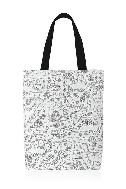 Canvas Dinosaur Junior Tote Bag, a DIY Craft Kit for Kids in Black & White, 32x45 cm, includes a Reusable Bag and Coloring Set, a Fun and Creative Activity for Aspiring Artists
