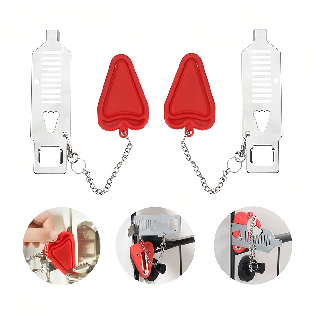 Portable Door Lock, Door Safety, Burglary Protection, Travel Lock, Additional Lock, Door Chains Security, for Hotel School Bathroom, Red