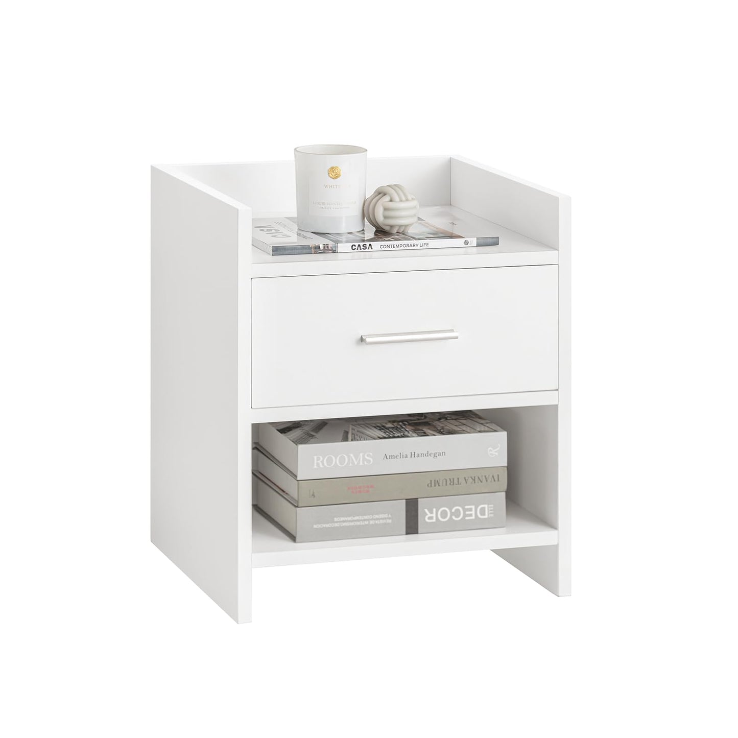 Bedside Table with 1 Drawer and 1 Niche in White, Compact Nightstand with Open and Closed Storage, Minimalist End Table for Bedroom, SmalLand FunctionaLSide Cabinet