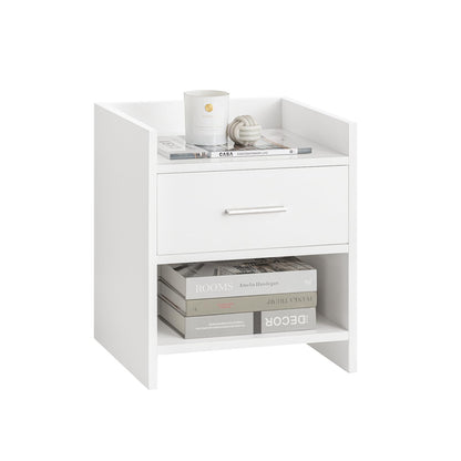 Bedside Table with 1 Drawer and 1 Niche in White, Compact Nightstand with Open and Closed Storage, Minimalist End Table for Bedroom, SmalLand FunctionaLSide Cabinet